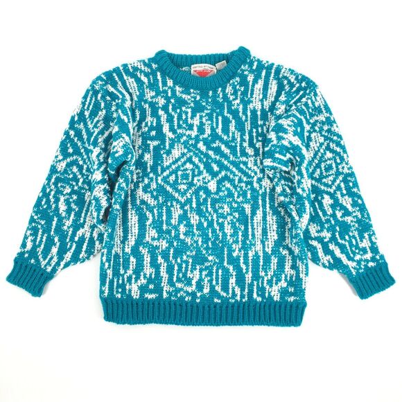 VTG 1980s Justin Allen Hand Knitted Pullover Crewneck Sweater L Teal Blue White - Picture 1 of 6